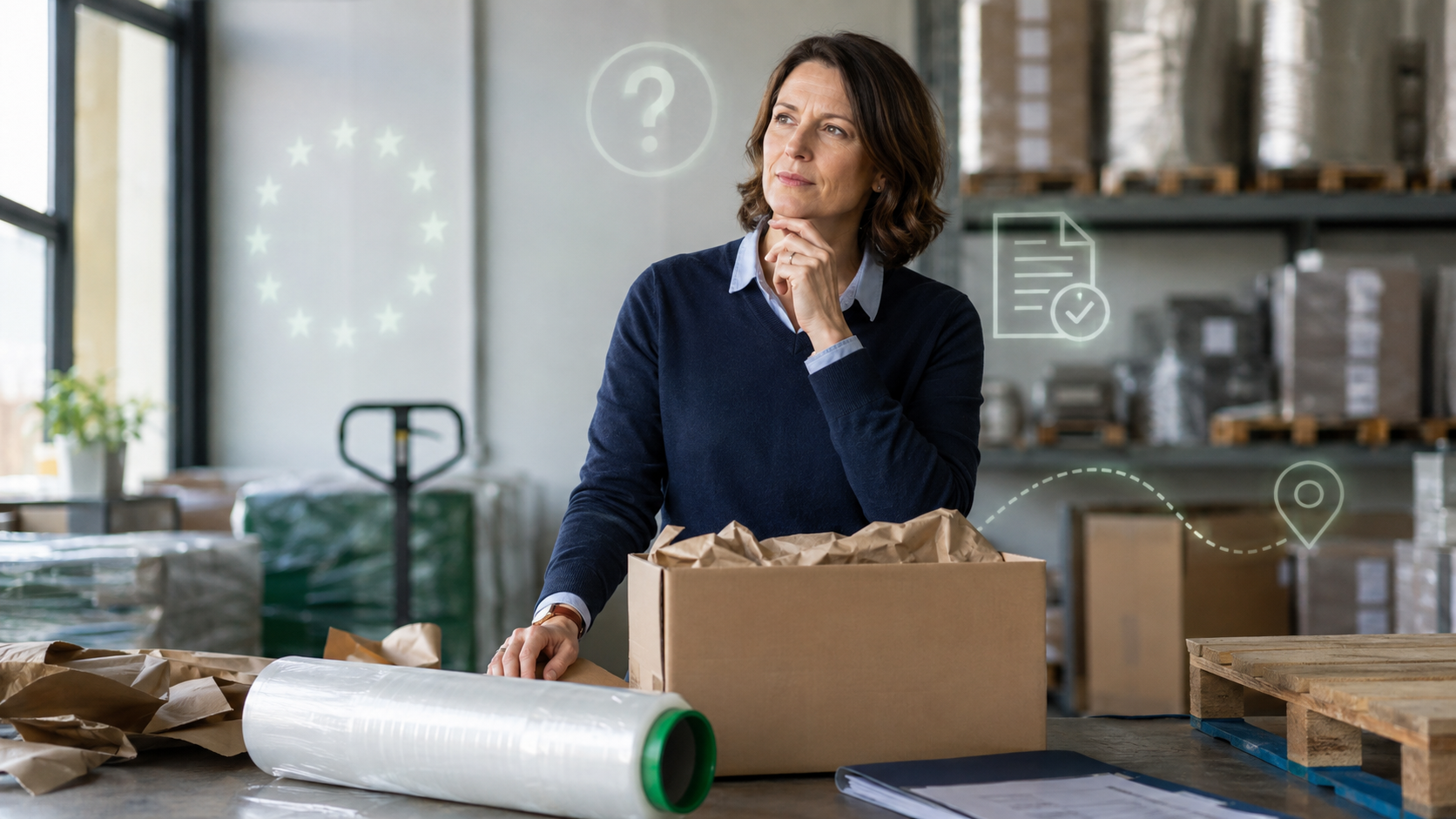 Nachdenkliche Unternehmerin zwischen Verpackungen, Lieferwegen und PPWR-Nachweisen